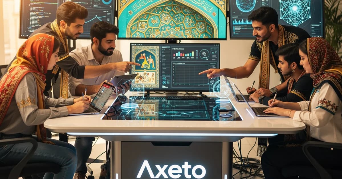 گروهی از خالقان محتوای ایرانی در حال کار با ابزارهای هوش مصنوعی Axeto، با تلفیقی از هنر سنتی و فناوری مدرن.