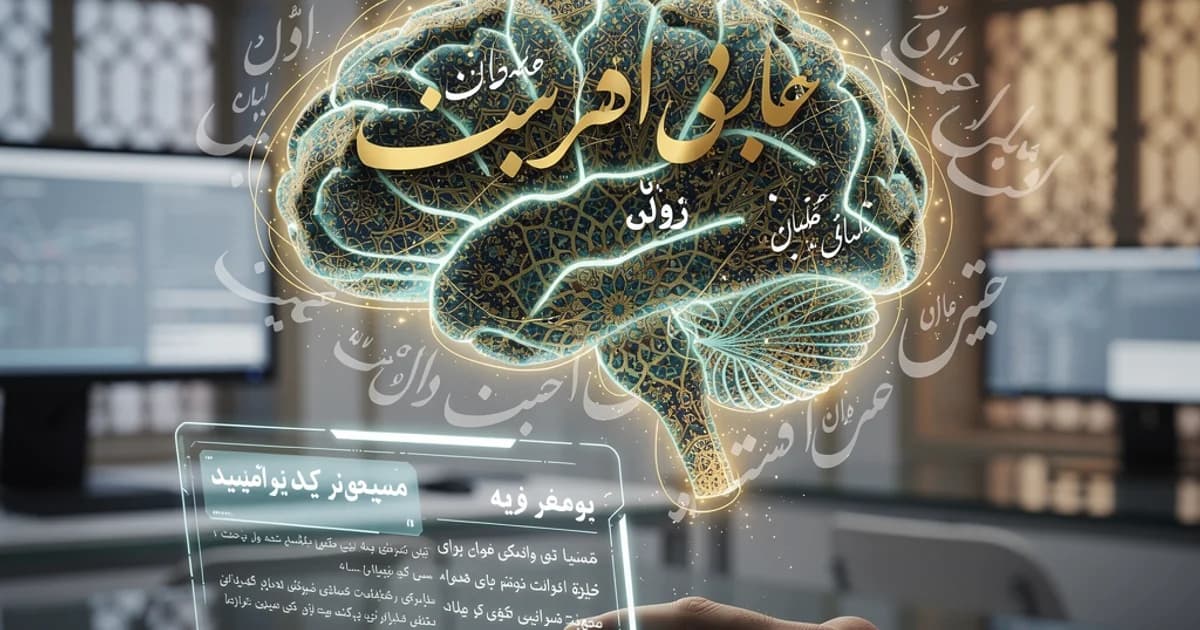 تصویر کاور با مغز نورانی و خطاطی فارسی که نماد مهندسی پرامپت برای زبان فارسی و ترکیب هوش مصنوعی با میراث زبانی است.