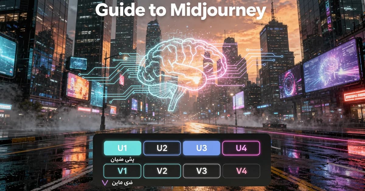 تصویر کاور راهنمای جامع Midjourney با شهر آینده‌نگر نئونی در غروب آفتاب و نماد خلاقیت هوش مصنوعی