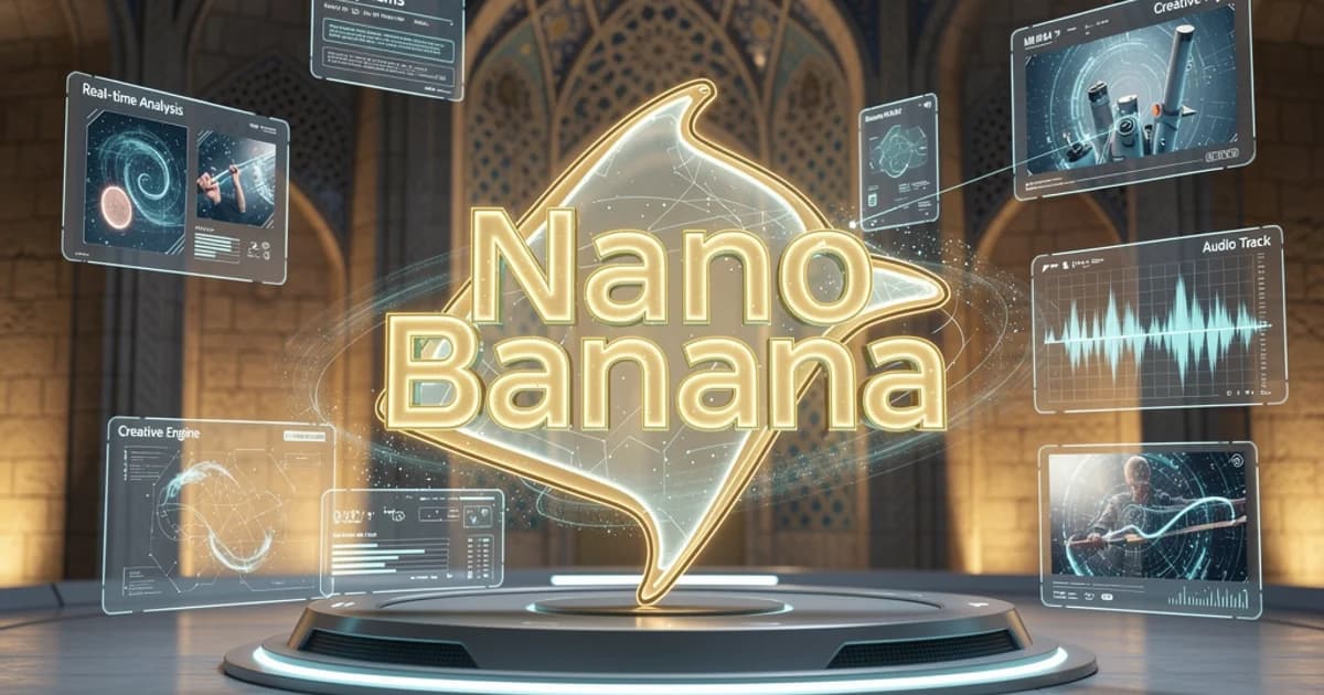 تصویر کاور با لوگوی درخشان Nano Banana در یک استودیوی فناوری پیشرفته با نمایشگرهای هولوگرافیک و المان‌های معماری ایرانی