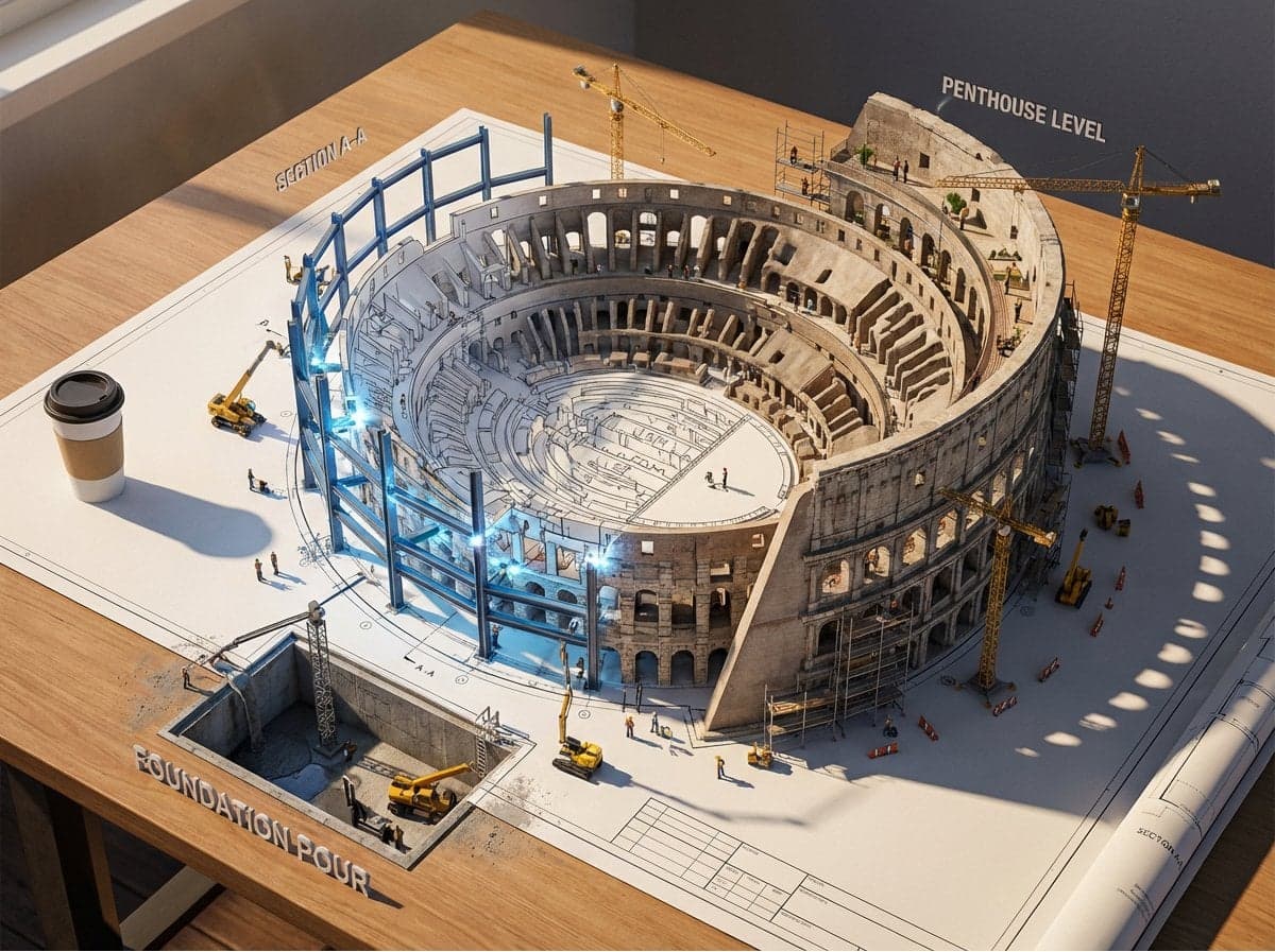 Epic 3D scene: a massive architectural blueprint of [BUILDING/STRUCTURE] pinned …؛ عکس ساخته‌شده با هوش مصنوعی و پرامپت فارسی در Axeto