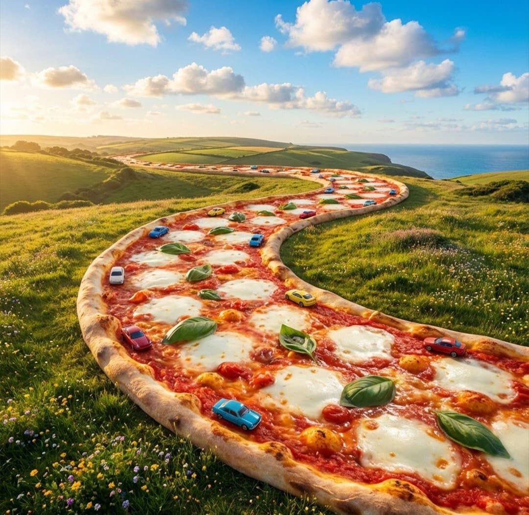 Objective: Create a surreal, hyper-detailed fantasy world where pizza becomes an…؛ عکس ساخته‌شده با هوش مصنوعی و پرامپت فارسی در Axeto