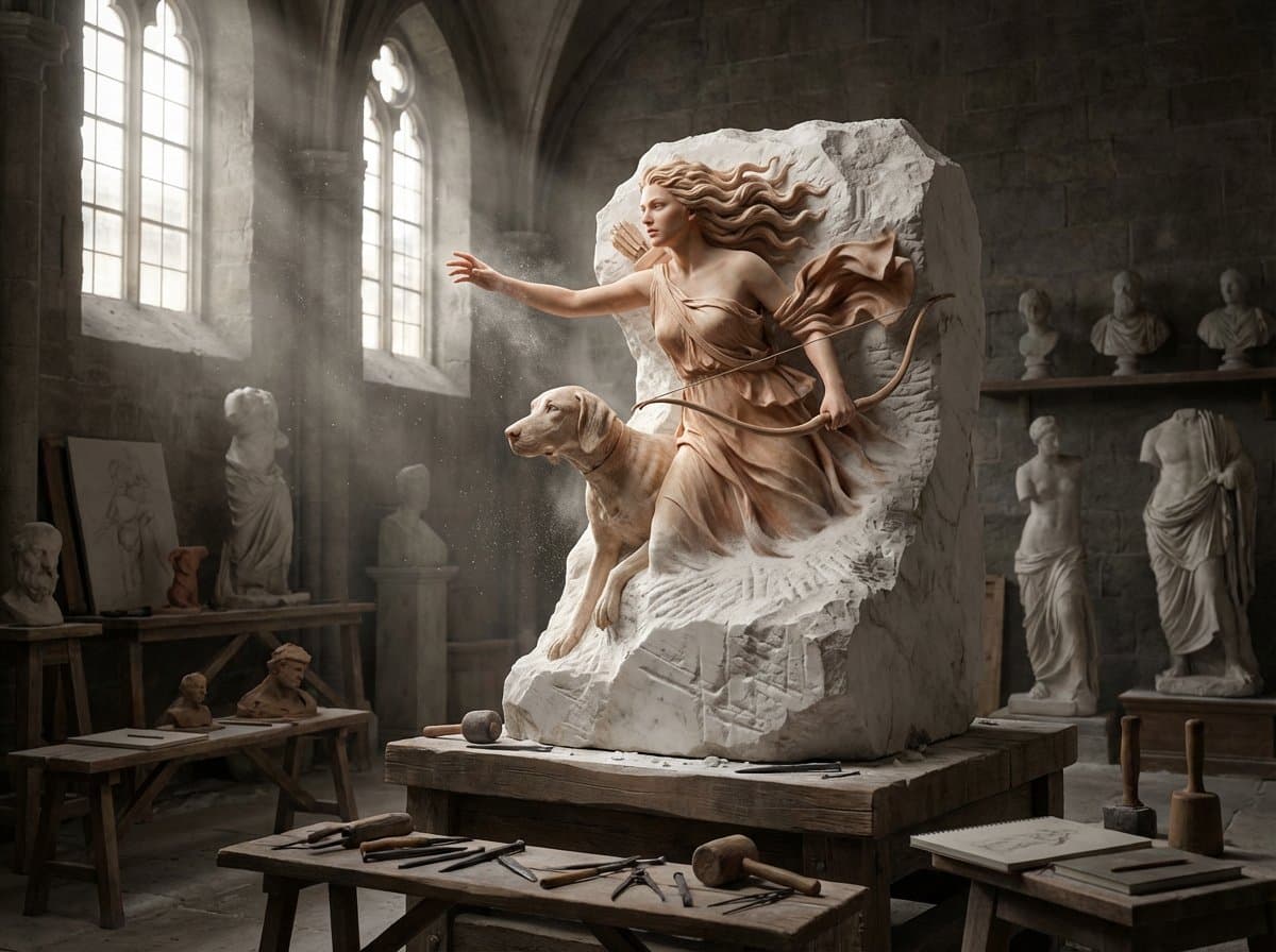 A half-finished marble sculpture in a dusty Renaissance workshop, with the [SUBJ…؛ عکس ساخته‌شده با هوش مصنوعی و پرامپت فارسی در Axeto