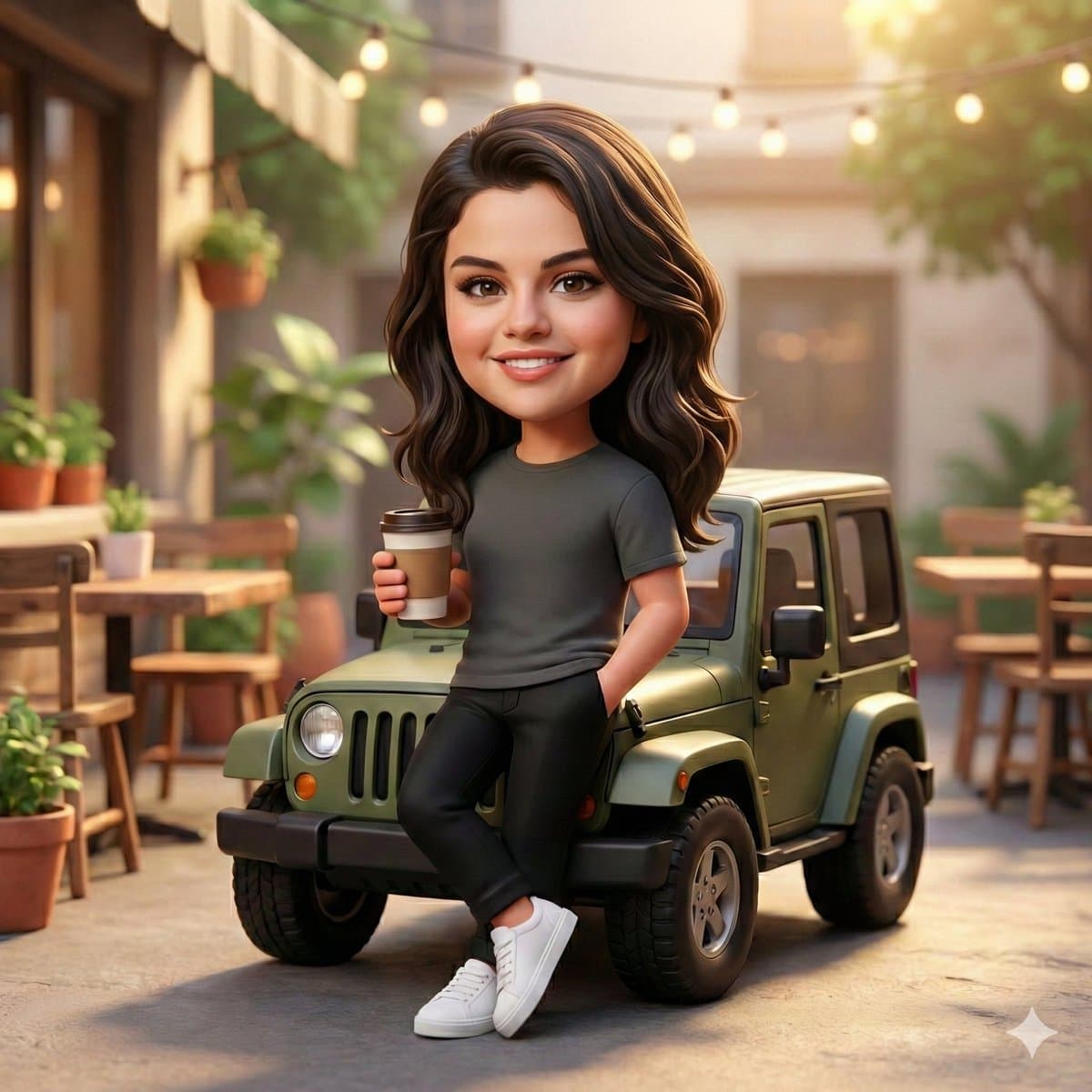 A cute 3D chibi-style character leaning against a parked mini chibi Jeep, wearin…؛ عکس ساخته‌شده با هوش مصنوعی و پرامپت فارسی در Axeto