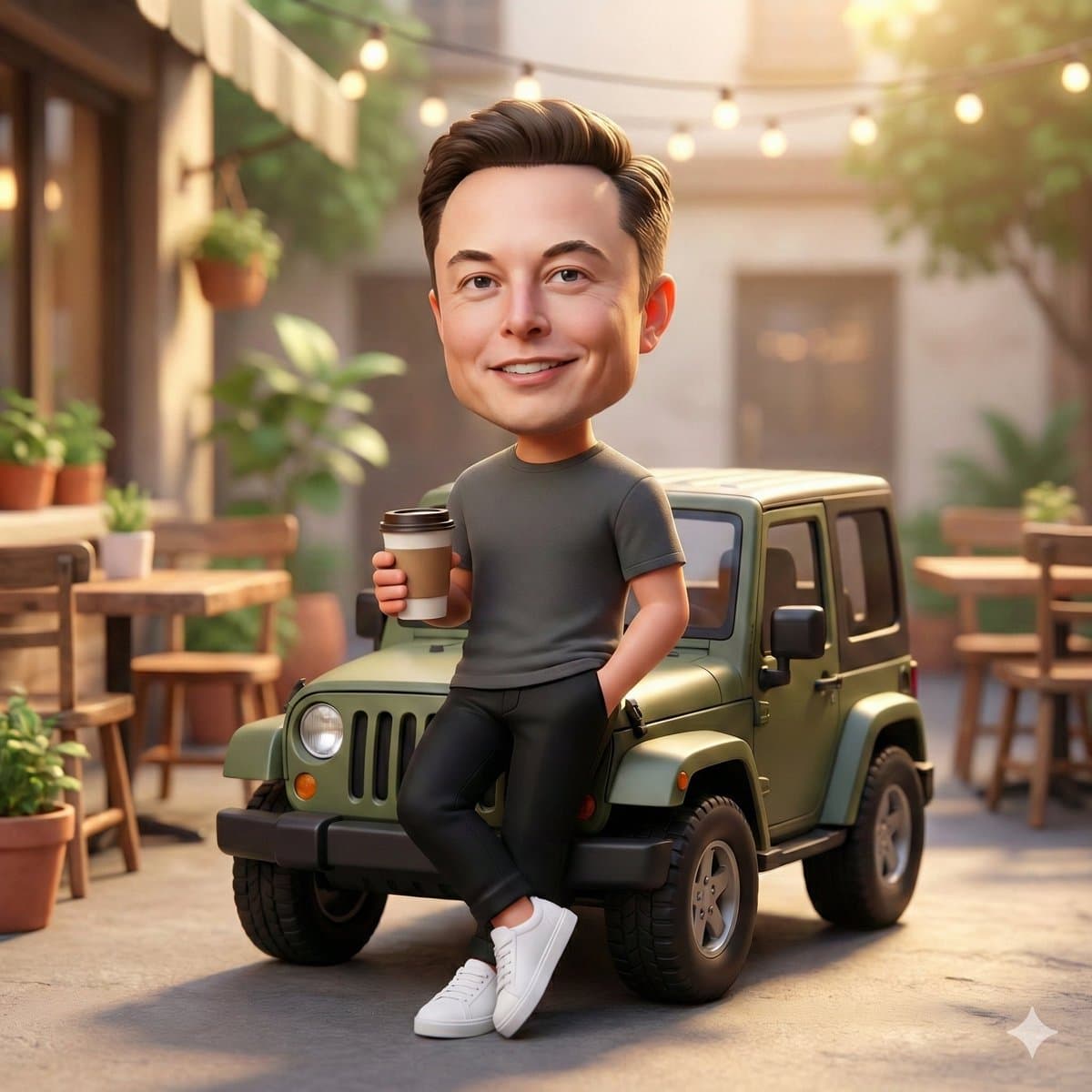 A cute 3D chibi-style character leaning against a parked mini chibi Jeep, wearin…؛ عکس ساخته‌شده با هوش مصنوعی و پرامپت فارسی در Axeto