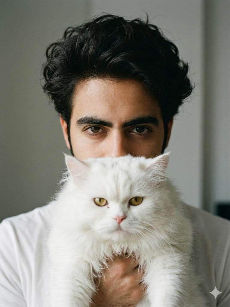 پرتره مردی با گربه ایرانی پشمالو در فضای داخلی دنج؛ محتوای مرتبط هوش مصنوعی در Axeto