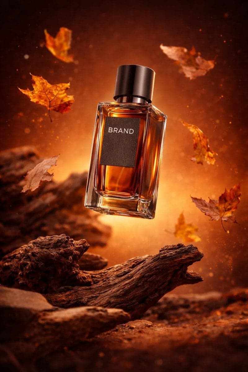 بطری عطر لوکس روی چوب، درخشش پاییزی؛ محتوای مرتبط هوش مصنوعی در Axeto