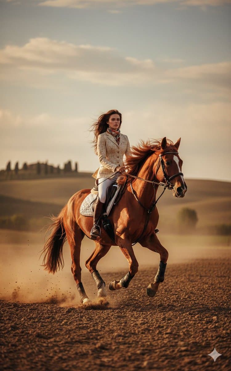 24-year-old female equestrian model riding a galloping chestnut horse, Hermès-in…؛ محتوای مرتبط هوش مصنوعی در Axeto