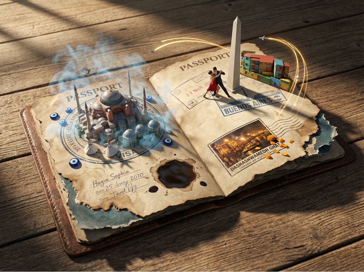 Epic 3D scene: a weathered passport lies open, its visa stamps erupting into the…؛ عکس ساخته‌شده با هوش مصنوعی و پرامپت فارسی در Axeto
