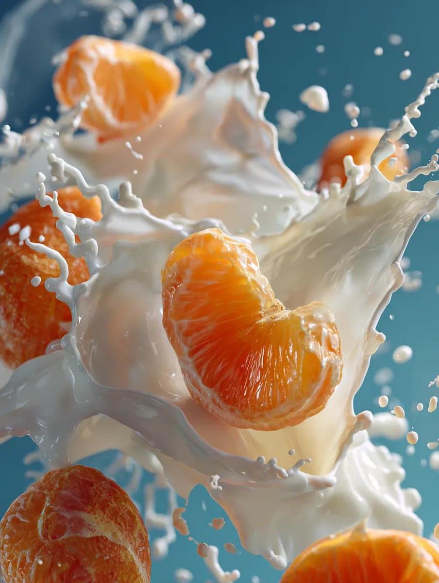 Subject: Vibrant orange slices, Action: Falling through the air toward rising mi…؛ عکس ساخته‌شده با هوش مصنوعی و پرامپت فارسی در Axeto