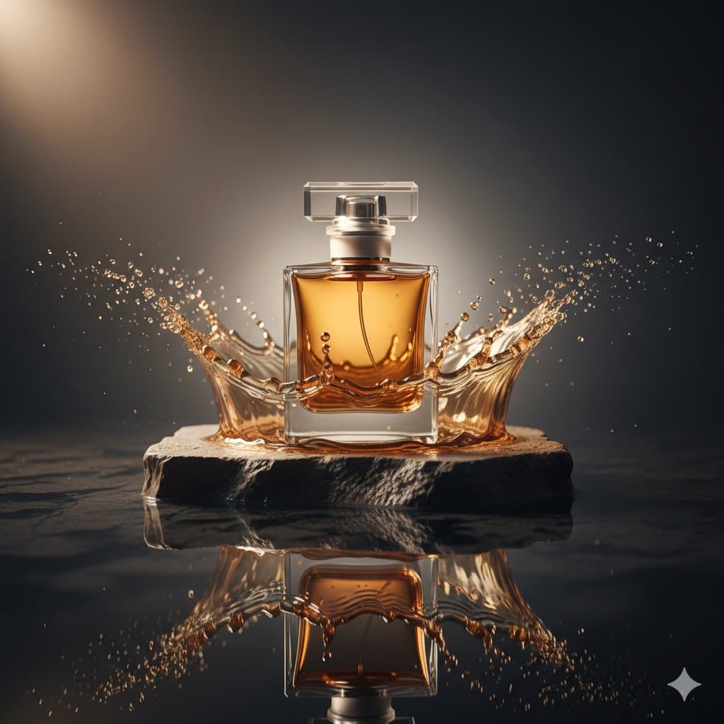 عطر زمردی در جنگل، عکاسی تبلیغاتی محصول؛ محتوای مرتبط هوش مصنوعی در Axeto
