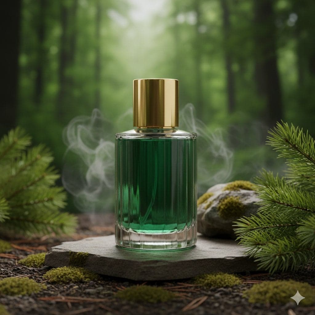 عطر زمردی در جنگل، عکاسی تبلیغاتی محصول؛ محتوای مرتبط هوش مصنوعی در Axeto