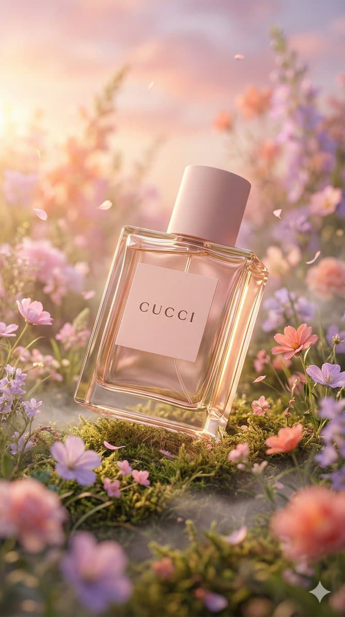 بطری عطر لوکس در چمنزار فانتزی، نور غروب رویایی؛ پرامپت مشابه برای ساخت عکس با هوش مصنوعی