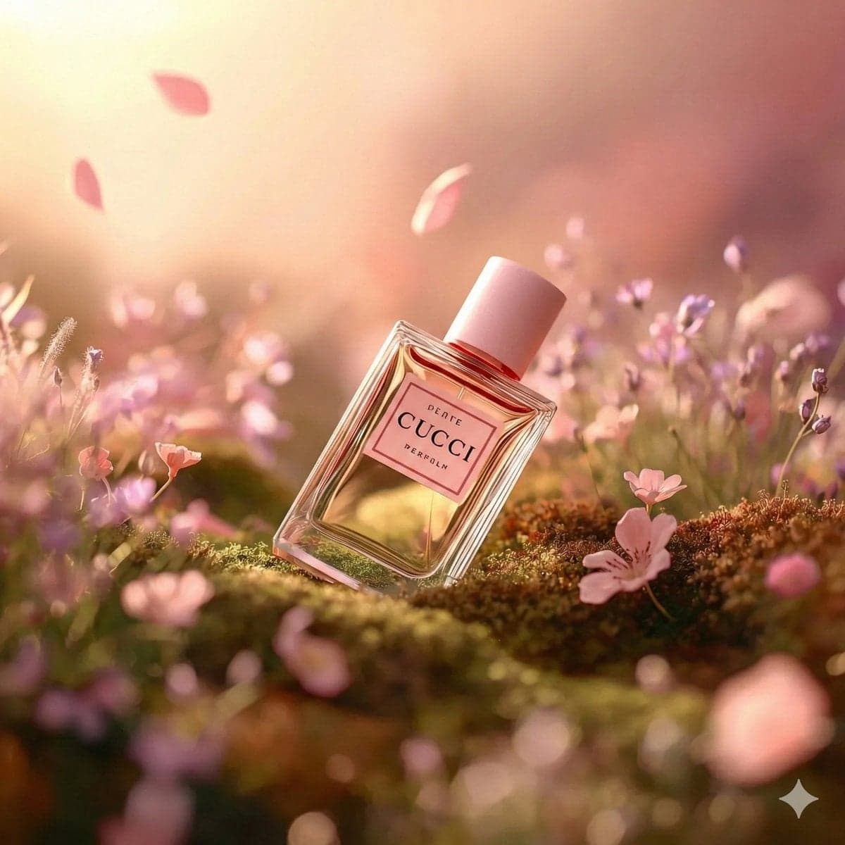 بطری عطر لوکس در چمنزار فانتزی، نور غروب رویایی؛ محتوای مرتبط هوش مصنوعی در Axeto