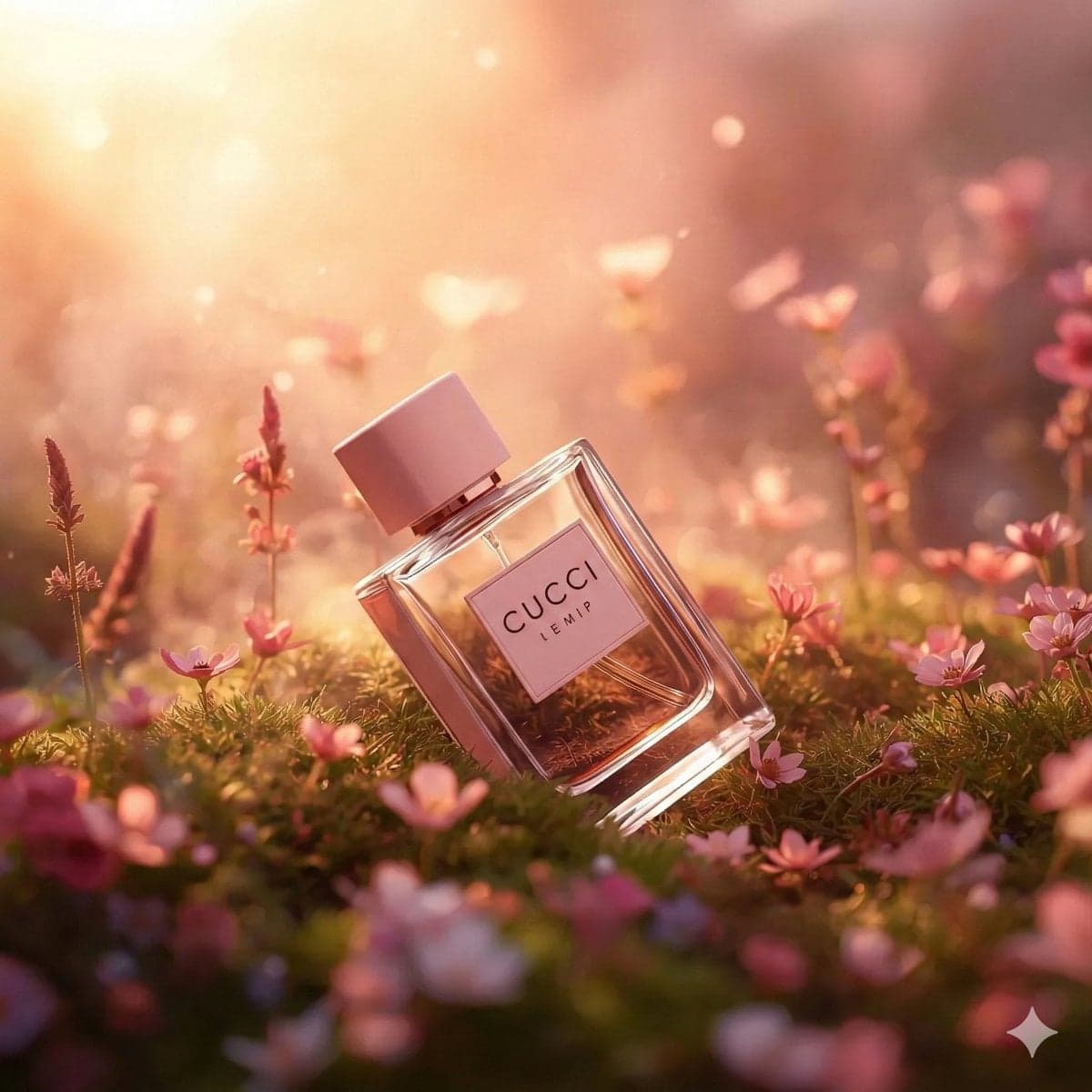 بطری عطر لوکس در چمنزار فانتزی، نور غروب رویایی؛ محتوای مرتبط هوش مصنوعی در Axeto