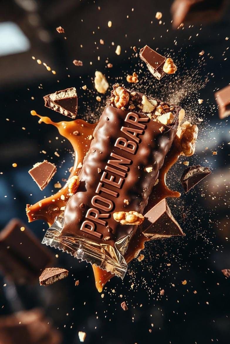 Ultra-cinematic product photography of a premium protein bar wrapped in metallic…؛ عکس ساخته‌شده با هوش مصنوعی و پرامپت فارسی در Axeto