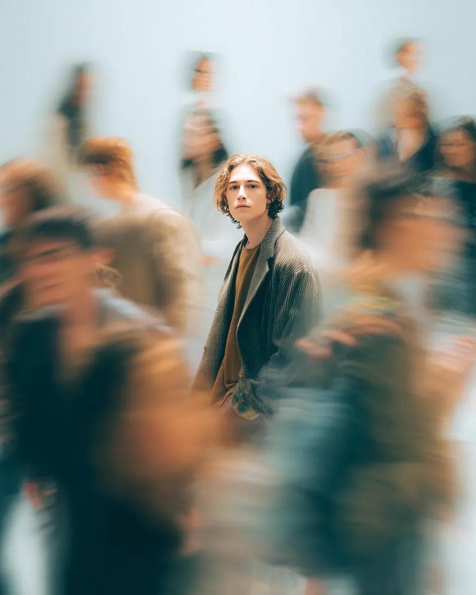 Cinematic portrait of a young person standing still in the middle of a busy crow…؛ عکس ساخته‌شده با هوش مصنوعی و پرامپت فارسی در Axeto