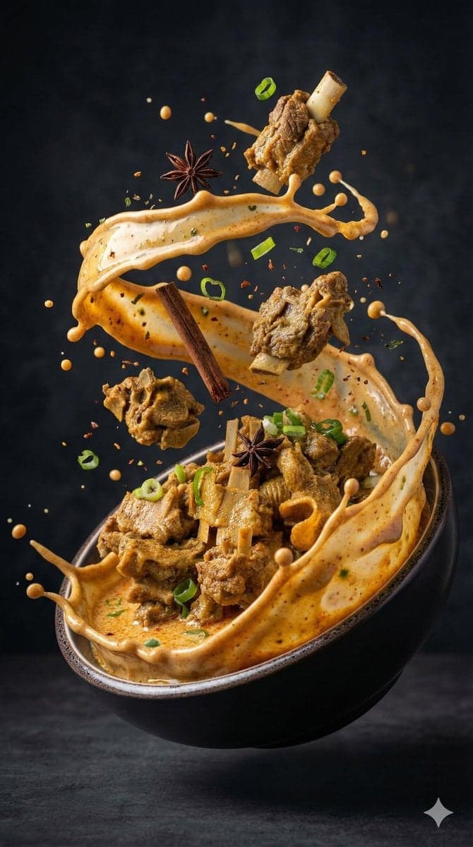 Image Prompt: Rich Asian soup, Dramatic dark textured background؛ عکس ساخته‌شده با هوش مصنوعی و پرامپت فارسی در Axeto