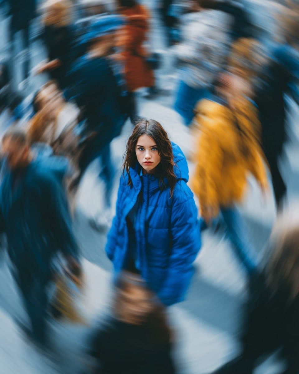 Ultra-realistic cinematic street portrait of a young woman in a bright blue puff…؛ عکس ساخته‌شده با هوش مصنوعی و پرامپت فارسی در Axeto