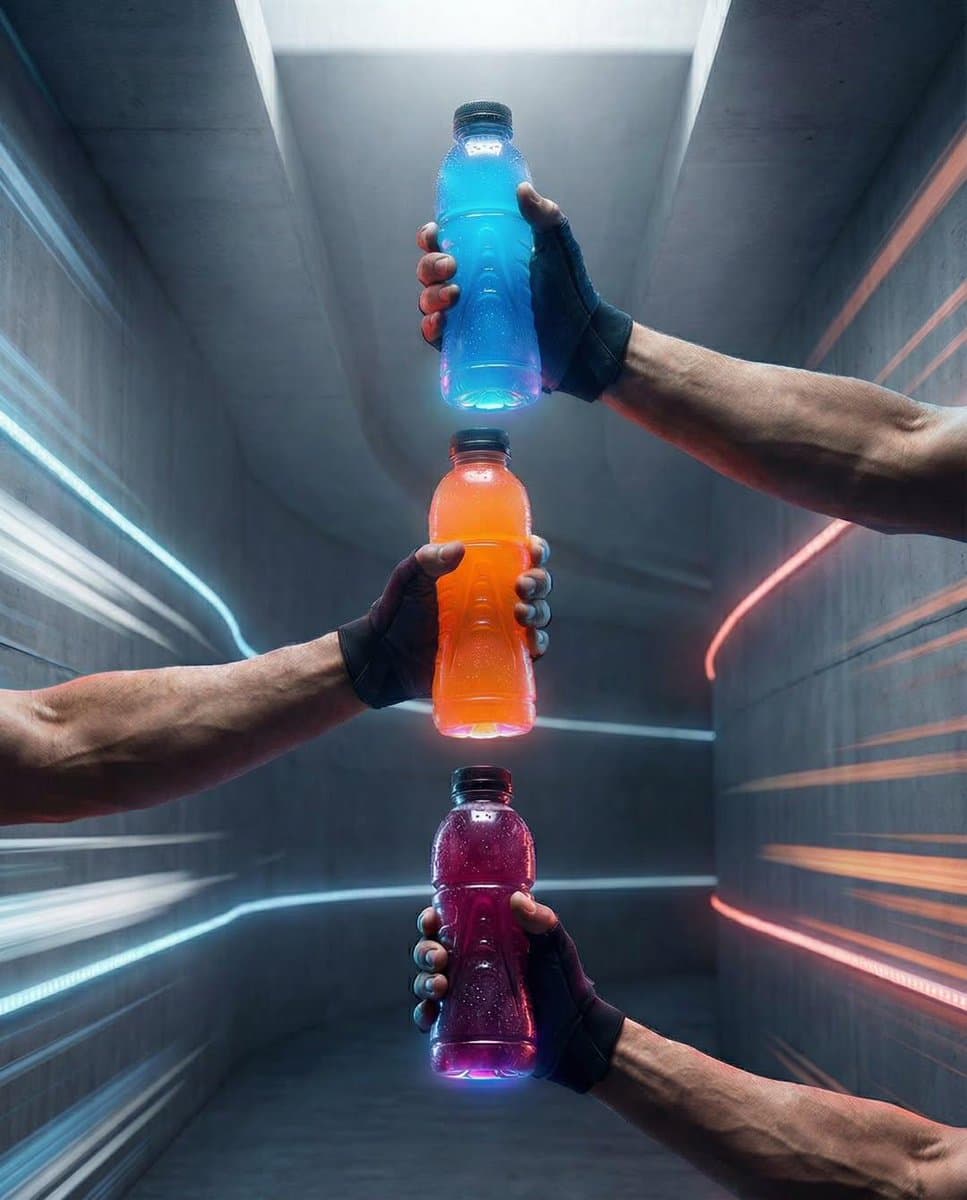 Nano Banana pro on Gemini app. Prompt: Three hands holding colorful glass soda b…؛ عکس ساخته‌شده با هوش مصنوعی و پرامپت فارسی در Axeto