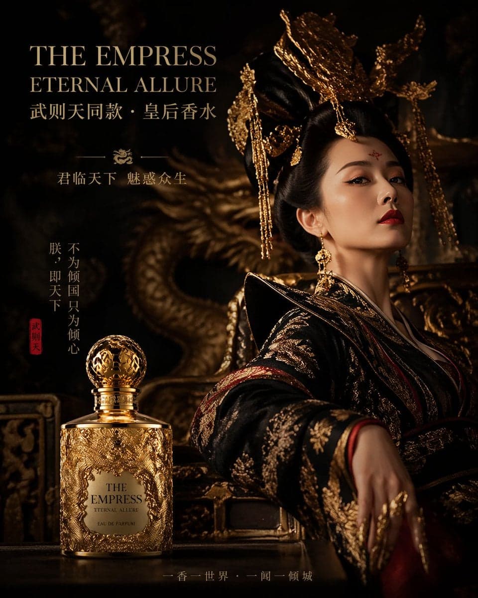 تبلیغ عطر ملکه وو زتیان، بطری طلایی طرح اژدها؛ محتوای مرتبط هوش مصنوعی در Axeto