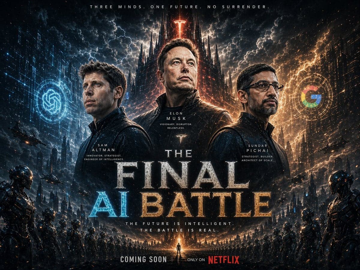 A cinematic epic sci-fi fantasy movie poster featuring three powerful tech leade…؛ عکس ساخته‌شده با هوش مصنوعی و پرامپت فارسی در Axeto