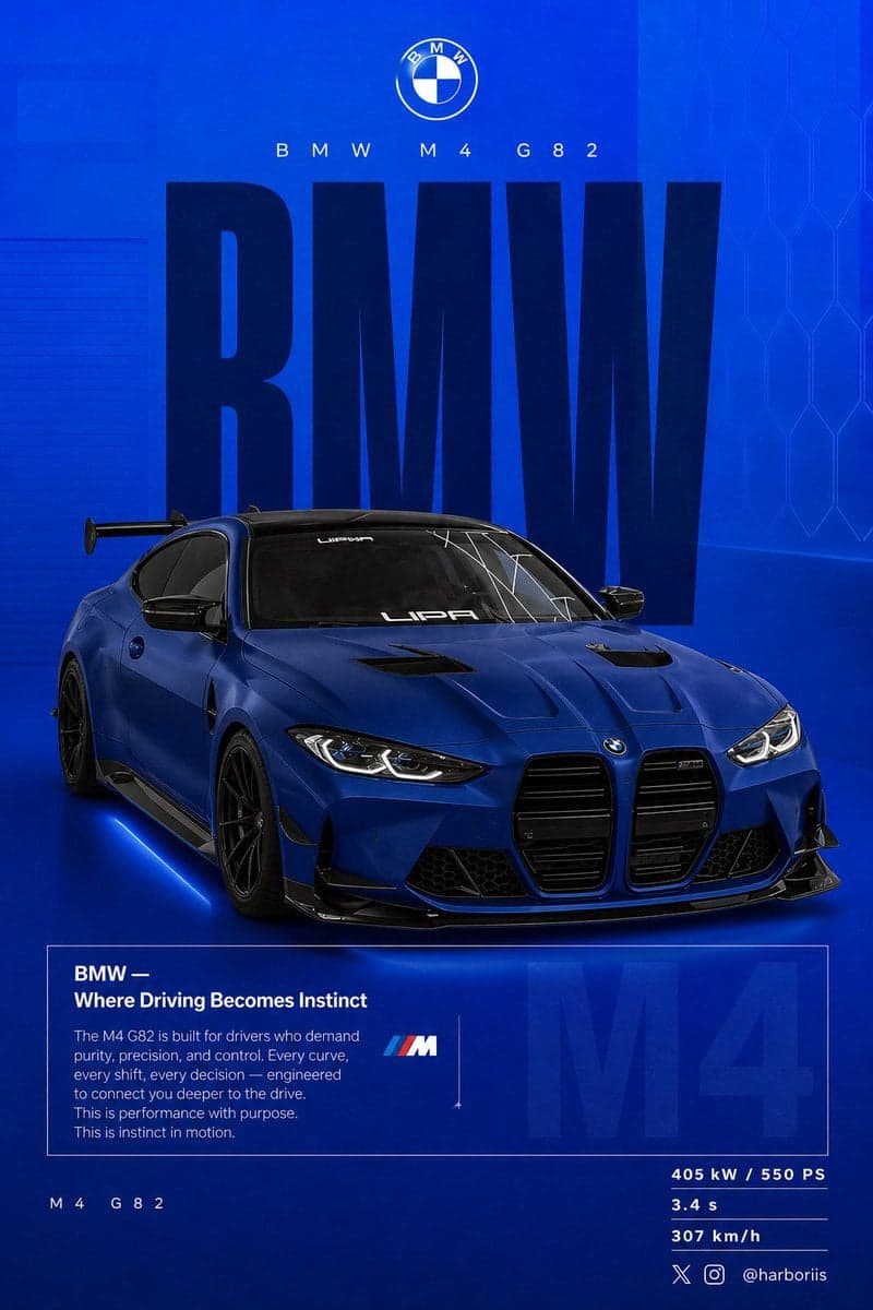 طراحی پست شبکه‌های اجتماعی BMW M4 G82؛ محتوای مرتبط هوش مصنوعی در Axeto