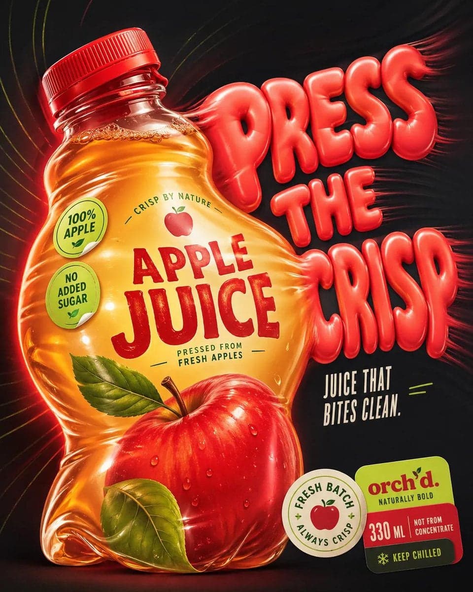 Design a '4:5' product poster for an 'orange' juice 3d bottle using playful infl…؛ عکس ساخته‌شده با هوش مصنوعی و پرامپت فارسی در Axeto