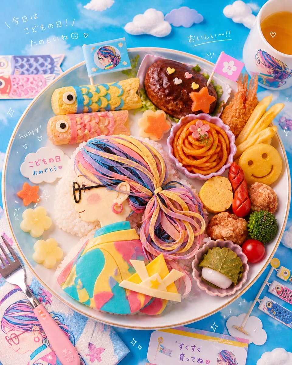 A children's lunch plate for Children's Day celebration, transforming the charac…؛ عکس ساخته‌شده با هوش مصنوعی و پرامپت فارسی در Axeto
