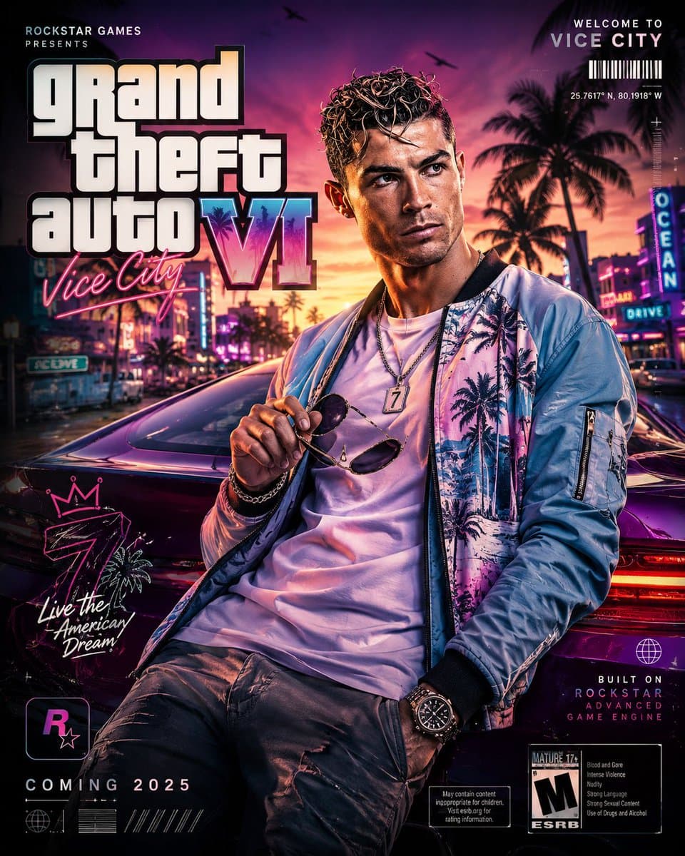 پوستر پرتره شهری سینمایی 8K با استایل GTA VI؛ پرامپت مشابه برای ساخت عکس با هوش مصنوعی