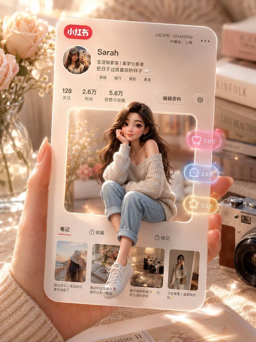 A 3D Xiaohongshu profile card held in a hand, with a square cutout in the middle…؛ عکس ساخته‌شده با هوش مصنوعی و پرامپت فارسی در Axeto