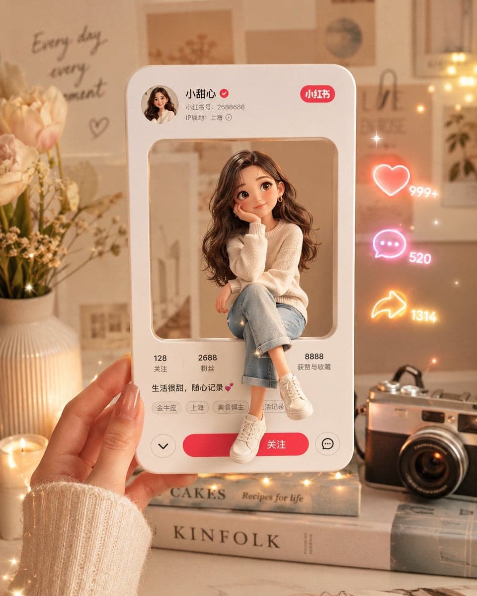 A 3D Xiaohongshu profile card held in a hand, with a square cutout in the middle…؛ عکس ساخته‌شده با هوش مصنوعی و پرامپت فارسی در Axeto