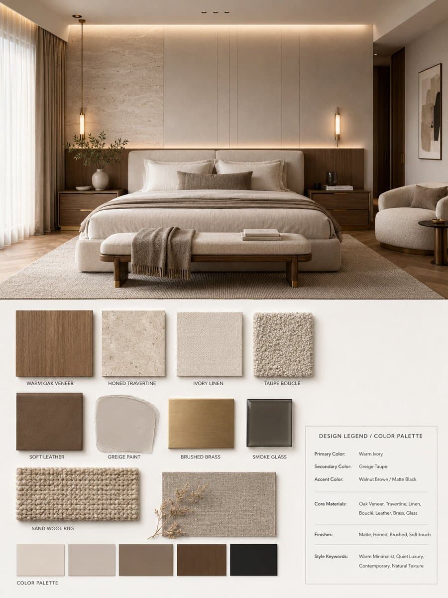 A vertical 3:4 high-end interior design mood board for a Bedroom, in the Modern …؛ عکس ساخته‌شده با هوش مصنوعی و پرامپت فارسی در Axeto