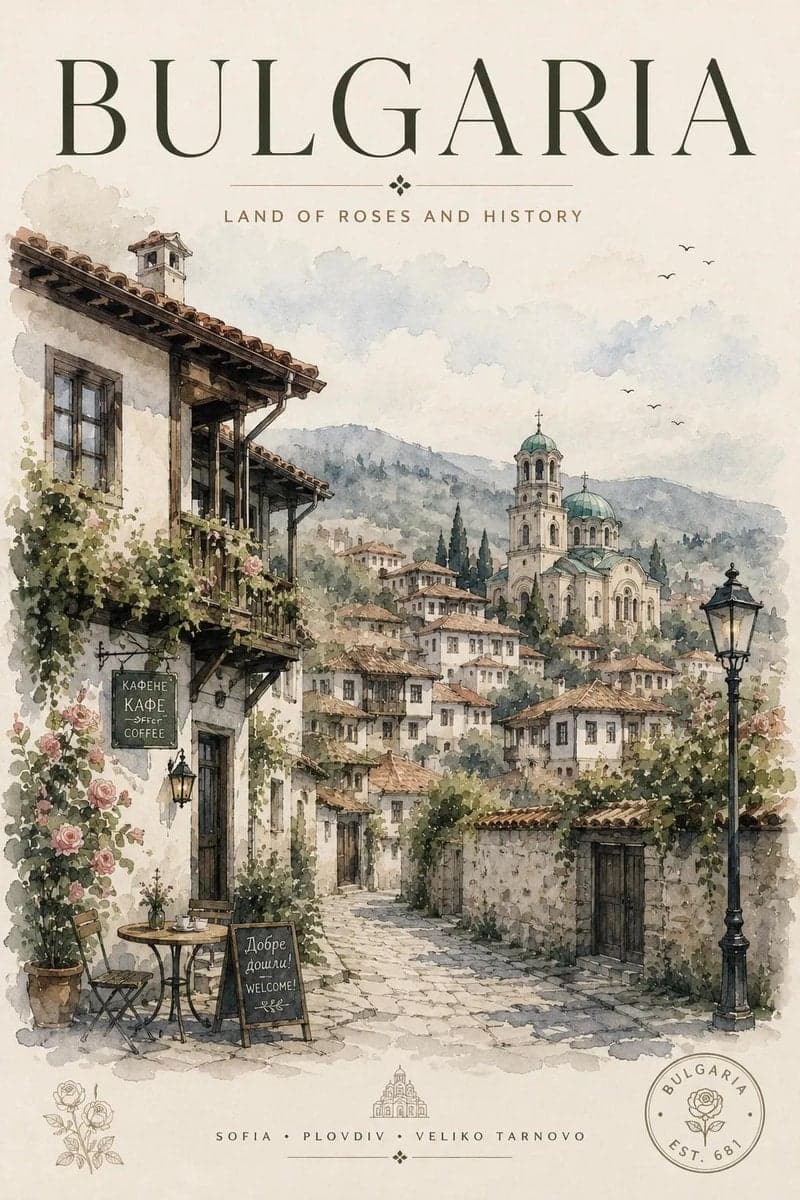 Vintage watercolor travel poster illustration, elegant European travel postcard …؛ عکس ساخته‌شده با هوش مصنوعی و پرامپت فارسی در Axeto