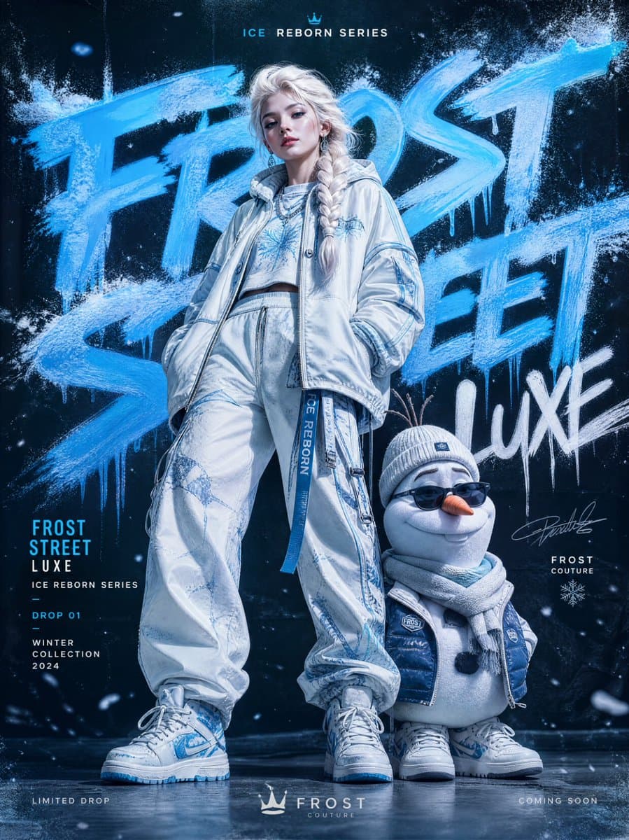 URBAN GRAFFITI FASHION CAMPAIGN — ELSA & OLAF EDITION IMAGE TYPE Premium streetw…؛ عکس ساخته‌شده با هوش مصنوعی و پرامپت فارسی در Axeto