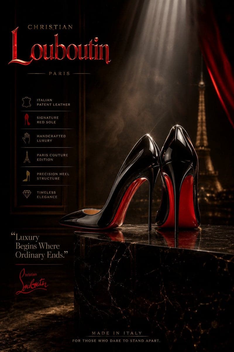 Create an ultra-premium luxury fashion advertisement poster for designer high he…؛ عکس ساخته‌شده با هوش مصنوعی و پرامپت فارسی در Axeto