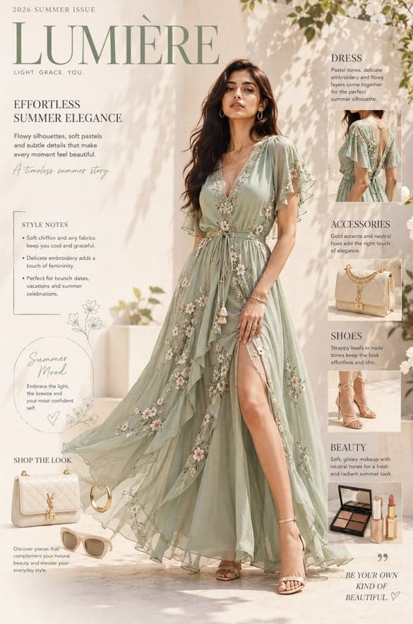 A high-fashion editorial cover featuring an elegant Indian model in a sunlit min…؛ عکس ساخته‌شده با هوش مصنوعی و پرامپت فارسی در Axeto