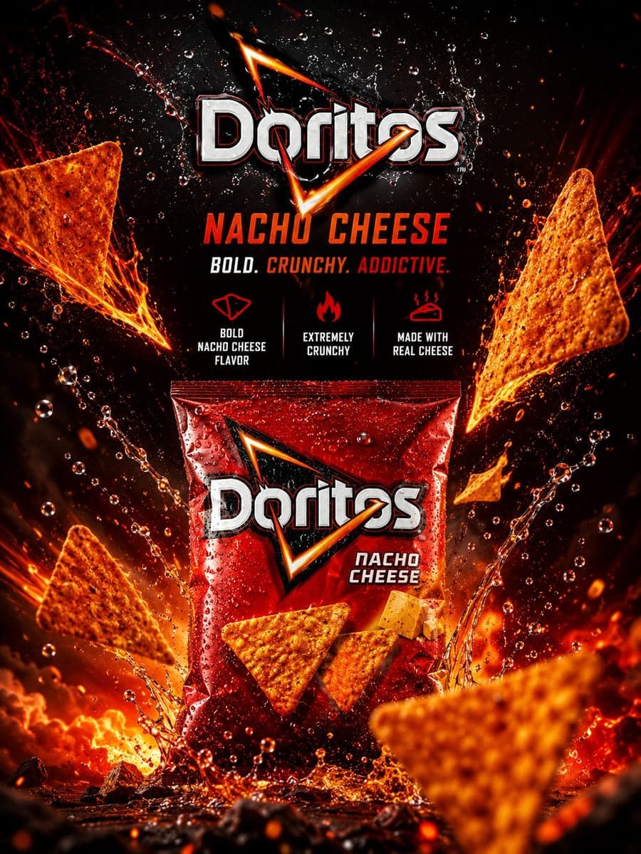 Create an ultra-premium luxury advertising poster for a famous snack brand, desi…؛ عکس ساخته‌شده با هوش مصنوعی و پرامپت فارسی در Axeto