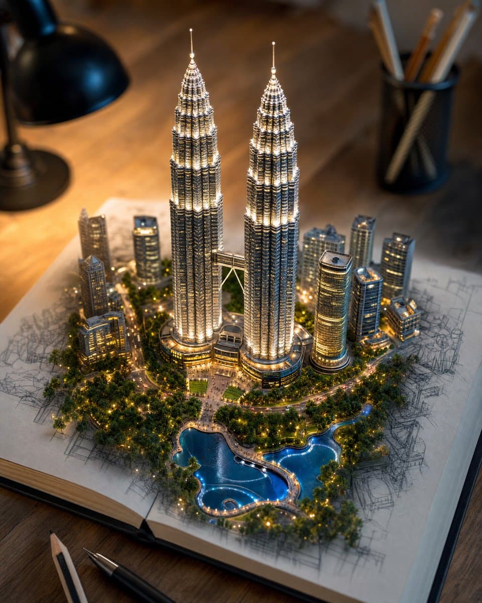 Create a hyper-realistic 3D miniature diorama of [LANDMARK OR LOCATION] rising m…؛ عکس ساخته‌شده با هوش مصنوعی و پرامپت فارسی در Axeto