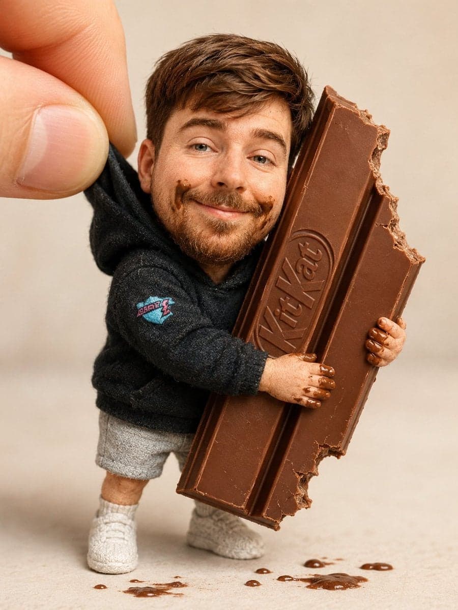 عروسک با کیت‌کت و لکه‌های شکلات، ماکرو؛ پرامپت مشابه برای ساخت عکس با هوش مصنوعی