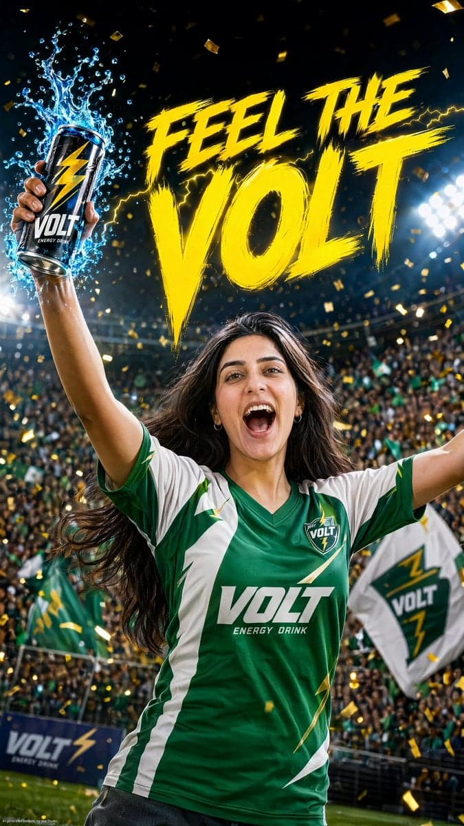 A high-energy commercial product advertisement for VOLT Energy Drink. A beautifu…؛ عکس ساخته‌شده با هوش مصنوعی و پرامپت فارسی در Axeto