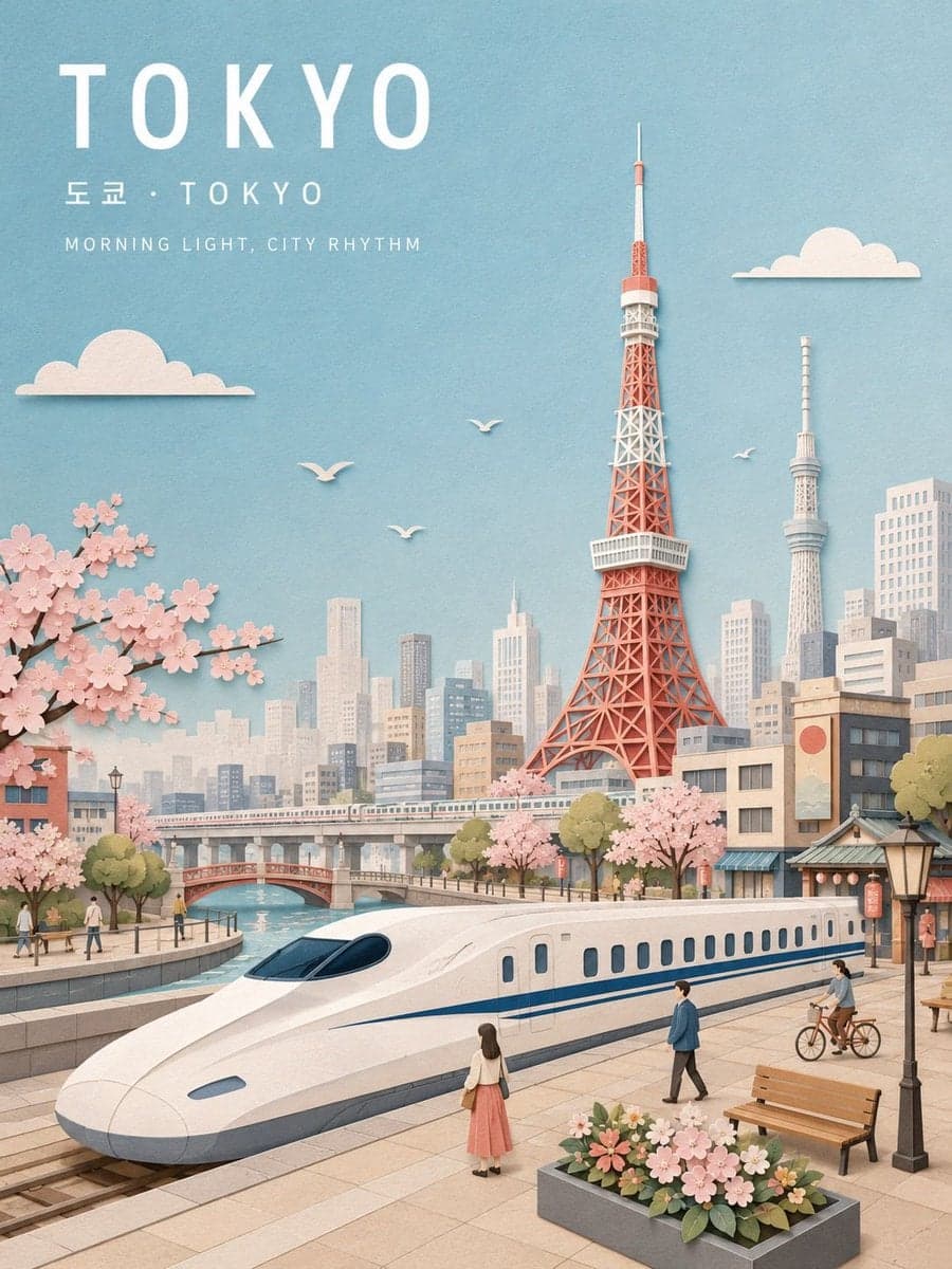پوستر سفر شهری مینیمال پاستلی با کلاژ کاغذی؛ محتوای مرتبط هوش مصنوعی در Axeto