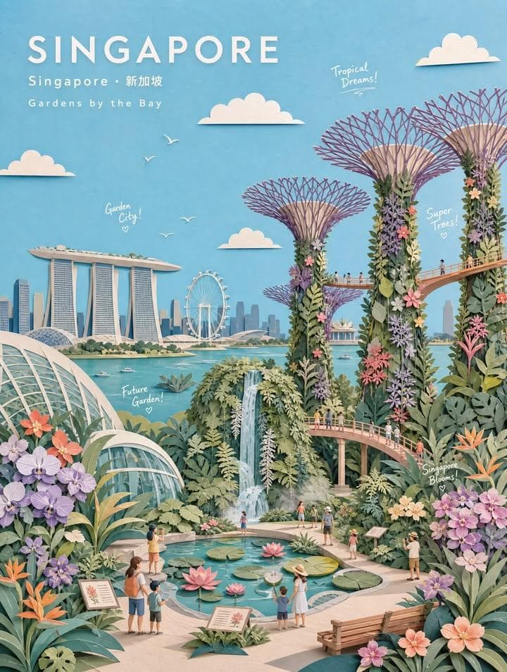 PASTEL PAPER-COLLAGE BOTANICAL GARDEN TRAVEL POSTER Create a museum-quality hand…؛ عکس ساخته‌شده با هوش مصنوعی و پرامپت فارسی در Axeto