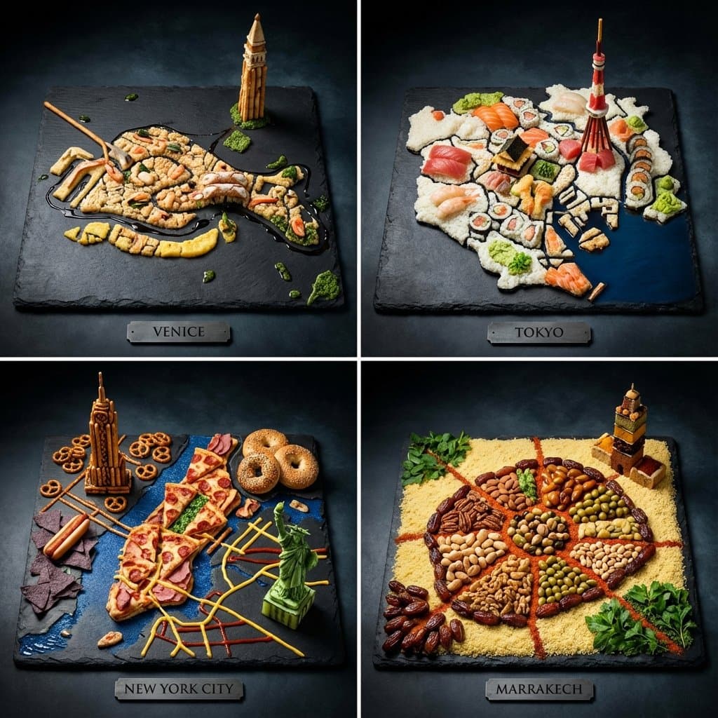 Random City Food Art Grid؛ عکس ساخته‌شده با هوش مصنوعی و پرامپت فارسی در Axeto