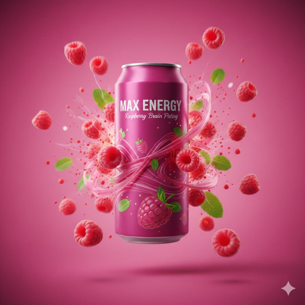 Gemini Nano Banana Pro - Raspberry Energy Drink Can Advertisement؛ عکس ساخته‌شده با هوش مصنوعی و پرامپت فارسی در Axeto