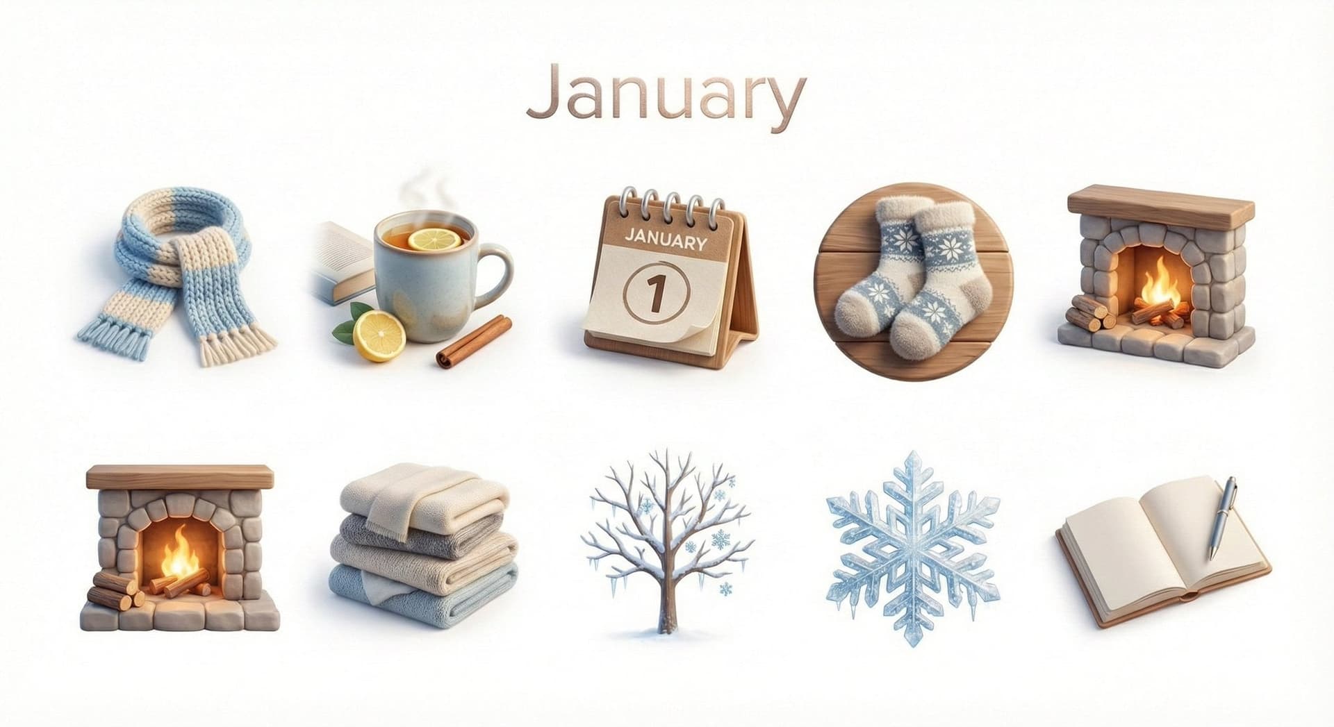 آیکون‌های سه‌بعدی ماهانه با عنوان روی پس‌زمینه سفید؛ عکس ساخته‌شده با هوش مصنوعی
