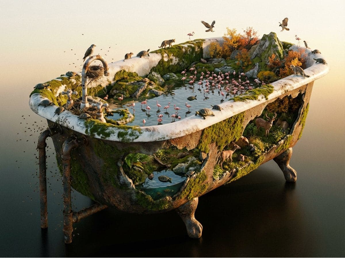 A colossal [OBJECT] reimagined as a complete natural biome. Tiny [WILDLIFE] has …؛ عکس ساخته‌شده با هوش مصنوعی و پرامپت فارسی در Axeto