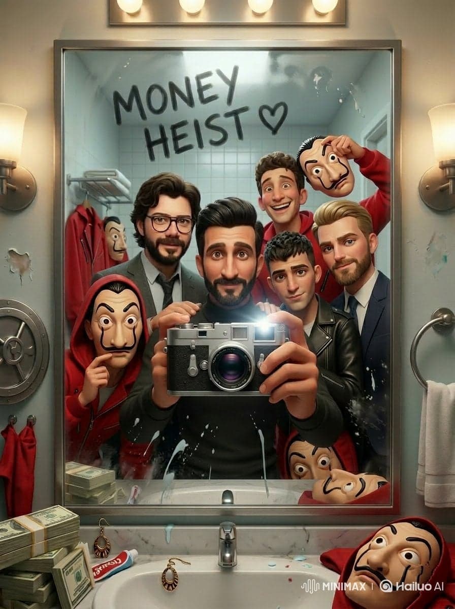Cinematic mirror selfie scene inspired by a retro 80s sci-fi horror vibe, a grou…؛ عکس ساخته‌شده با هوش مصنوعی و پرامپت فارسی در Axeto