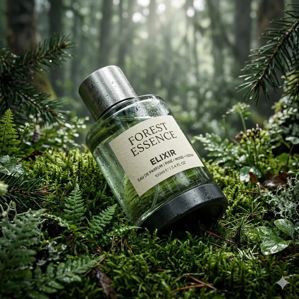 عطر الیکسیر جنگل: شات محصول هایپررئالیستیک روی خزه؛ محتوای مرتبط هوش مصنوعی در Axeto