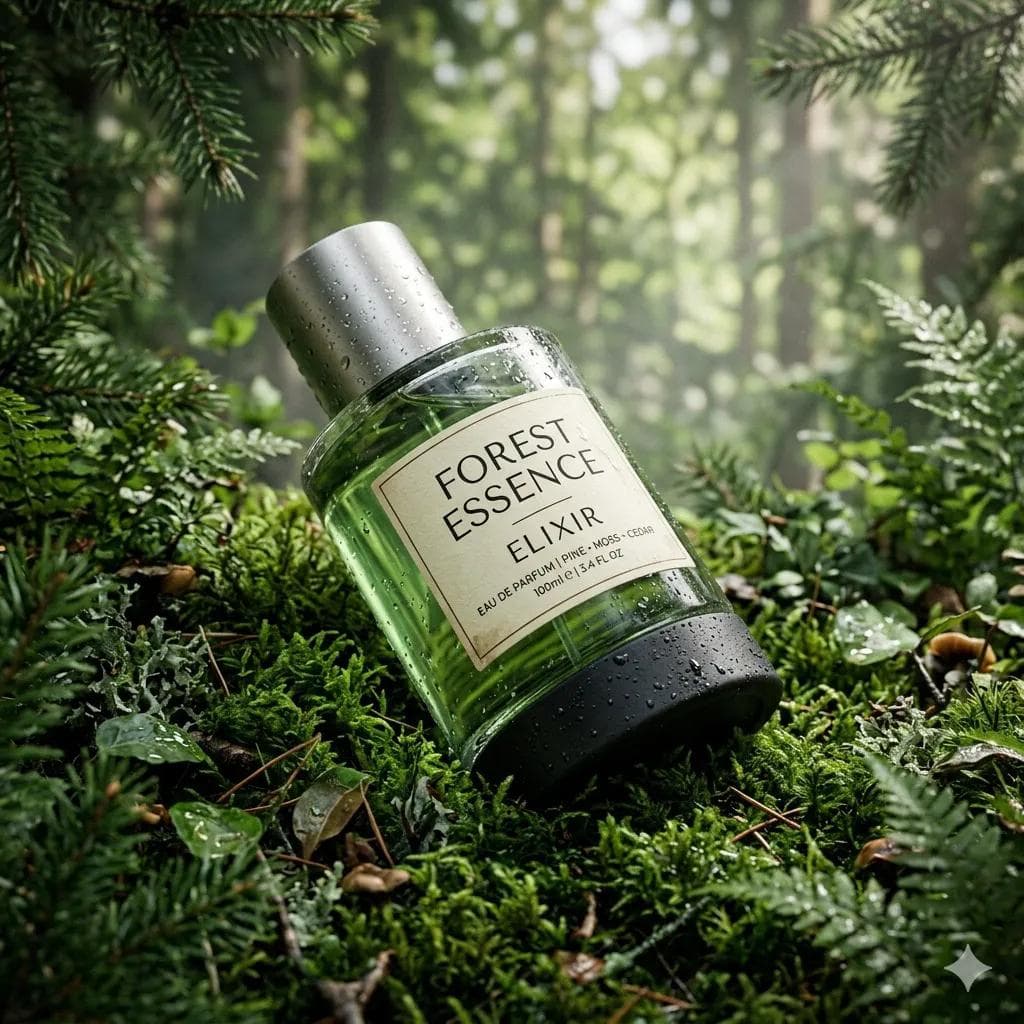 Ultra-realistic premium fragrance product shot of a perfume bottle (Forest Essen…؛ عکس ساخته‌شده با هوش مصنوعی و پرامپت فارسی در Axeto